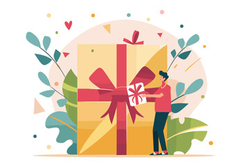 Gift Reward Program - Hand Giving Surprise Bonus Present, Birthday Gift Box with Ribbon. Employee Incentive, Lucky Prize, Loyalty Points. Creative Vector Illustration for Marketing Campaign.