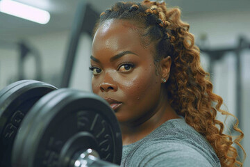 plus size overweight black woman in sportwear doing sport exercises at gym fitness with sweaty...