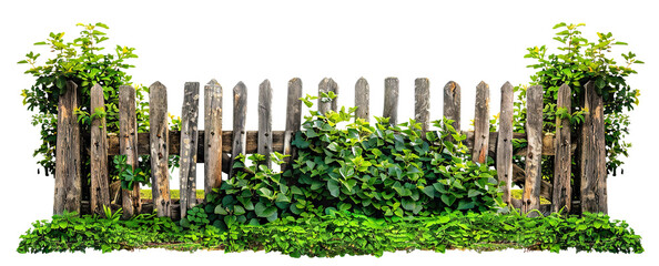 Old weathered wooden picket fence covered in foliage, cut out - obrazy, fototapety, plakaty