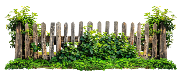 Old weathered wooden picket fence covered in foliage, cut out