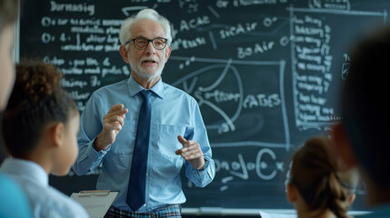 A seasoned educator discusses complex topics with students in front of a chalkboard filled with formulas.