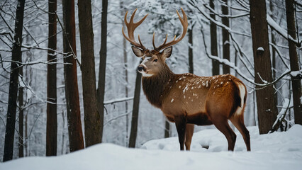 Noble deer male in winter snow forest.
