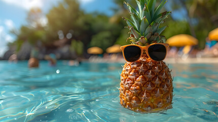 Pineapple in sunglasses floating in a pool on a sunny summer day. The concept of summer vacation, travel, vacation, relaxation. Generative AI
