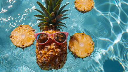 Pineapple in sunglasses floating in a pool on a sunny summer day. The concept of summer vacation, travel, vacation, relaxation. Generative AI