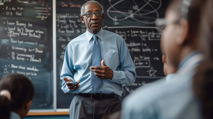 A seasoned educator discusses complex topics with students in front of a chalkboard filled with formulas.