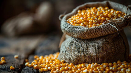Corn in burlap bags on a wooden surface. Maize grains. Harvest and agricultural concept. Bokeah background. Food industry. Generative AI.	