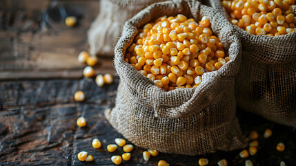 Corn in burlap bags on a wooden surface. Maize grains. Harvest and agricultural concept. Food industry. Generative AI.	