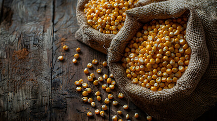 Corn in burlap bags on a wooden surface top view. Maize grains. Harvest and agricultural concept. Food industry. Generative AI.	
