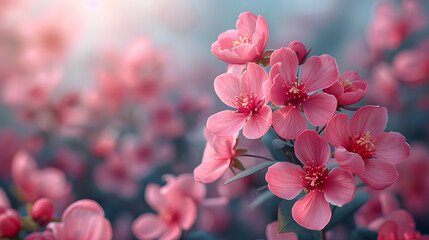 Pink spring floral banner for 8 march, mother's day with bokeh copy space for text. Floral background with soft selective focus. Generative AI.	