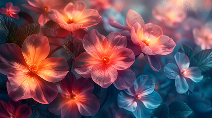 Neon spring floral banner. Floral background with fantastic shining flowers at night. Generative AI.	