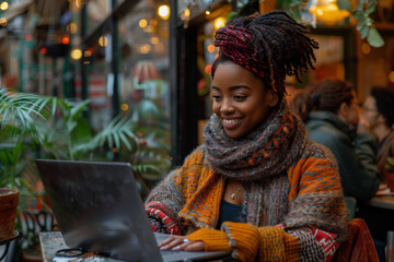 Black African American woman freelancer with laptop sitting in street sidewalk cafe at summer works remote have videochat laughing  - obrazy, fototapety, plakaty