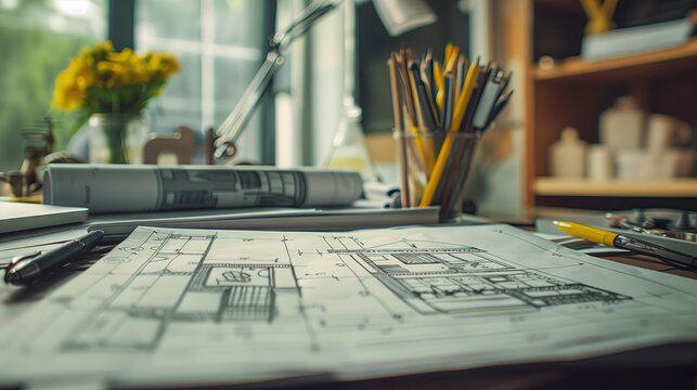 Interior blueprint sketch on architect's table