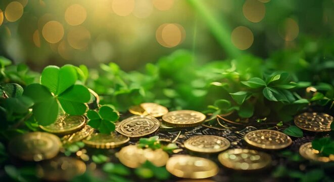 Festive St Patricks Day Scene Featuring Shamrocks And Gold Coins 