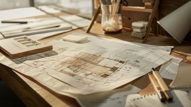 Interior blueprint sketch on architect's table