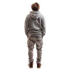 Young man casual dressed walking isolated on white transparent, rear view. PNG