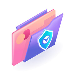 Isometric 3D icon purple folder with credit card details. The concept of data storage. Cartoon minimal style. Vector for website