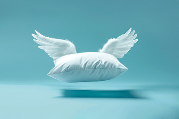 White pillow with wings flying on blue background. Angel wings cushion, good night, sweet dreams, night nap concept, Comfort sleep, relaxation, rest, paradise or heaven