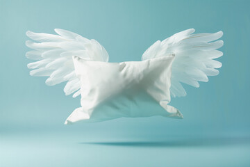 White pillow with wings flying on blue background. Angel wings cushion, good night, sweet dreams, night nap concept, Comfort sleep, relaxation, rest, paradise or heaven
