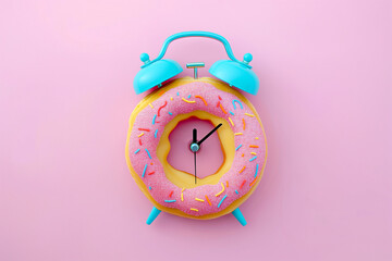 Alarm clock made of donut. Breakfast time, creative minimal concept. Fast food, sweets, sugar,...
