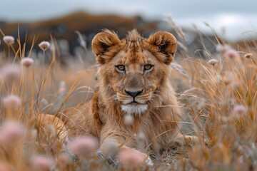 Majestuoso  leon joven con mirada fija pensativa sentado  en el pasto seco amarillento. Fauna silvestre - obrazy, fototapety, plakaty