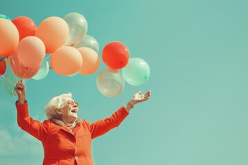 Portrait of a joyful and happy elderly woman releasing colorful balloons into the air. Birthday, holiday, people, happy old age, sincere emotions
