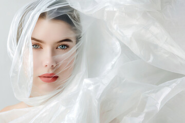 Young woman wrapped in polyethylene. Ecology concept, environment and plastic pollution problem. Fashion model posing in a clothes made of polyethylene fabric. Plastic waste, recycling, waste sorting