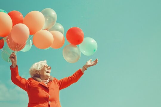 Portrait of a joyful and happy elderly woman releasing colorful balloons into the air. Birthday, holiday, people, happy old age, sincere emotions