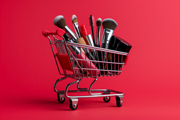Makeup products in shopping cart on red background. Lipstick, mascara, lip gloss, brushes, nail polish. Shopping cart full of decorative cosmetics, discount or sale theme. Must haves in make up