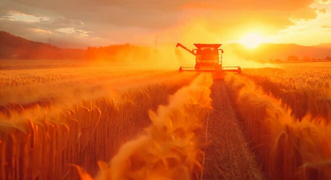 Farmer Guides Combine Harvester Through Golden Field At Dusk 