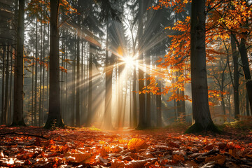 Sun rays in the autumn forest, the forest floor covered with fallen leaves