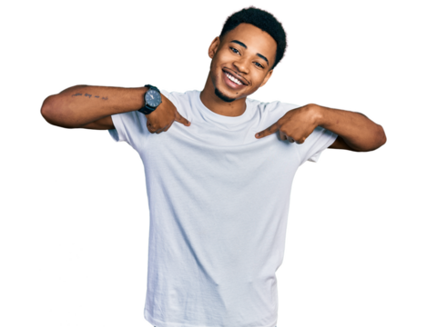 Young african american man wearing casual white t shirt looking confident with smile on face, pointing oneself with fingers proud and happy.