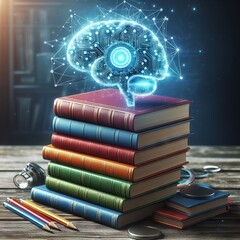 Brain on top of books with media icons and symbols concept. 3D rendering