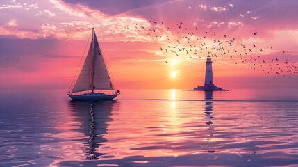 Serene Sunset Sailboat Scene With Lighthouse and Seagulls - A Celebration of Maritime Tranquility
