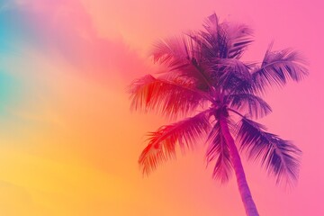 A palm tree stands tall against a vibrant, multicolored sky in the background