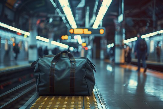 Large, suspicious sports bag left unattended on a train station platform, concept of terrorism, potential terrorist attacks, and caution regarding unattended items. Trains and people in background