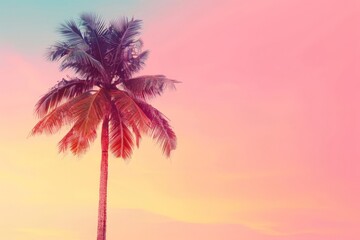 A tall palm tree stands against a backdrop of pink and blue sky