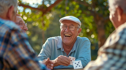 Senior men with smiles engage in a card game outdoors.