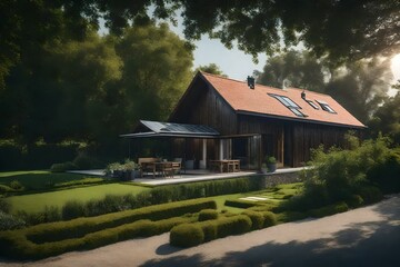 Beautiful house on the hill in garden.