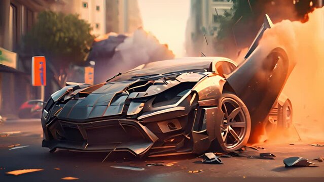 Auto accident on the street. A car damaged after a severe accident stands on a city street. Accident insurance concept