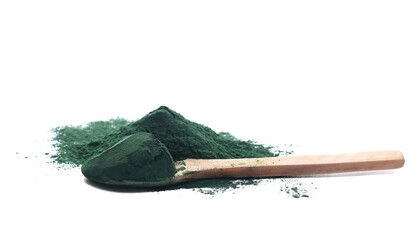 Close up organic spirulina powder, raw in wooden spoon isolated on white, side view