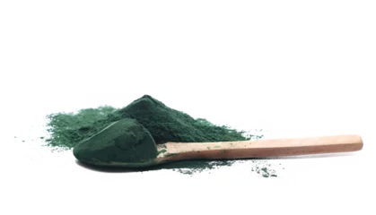 Foto auf Leinwand Close up organic spirulina powder, raw in wooden spoon isolated on white, side view © dule964