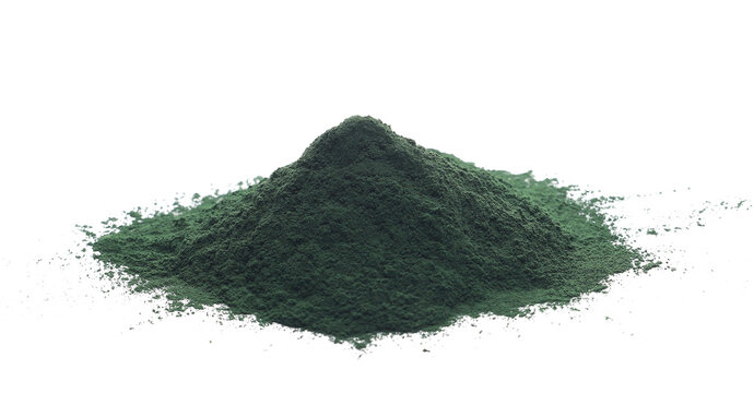 Organic spirulina powder, raw isolated on white, side view