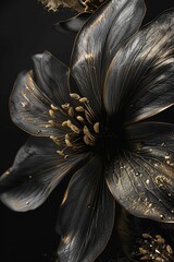 Detailed close-up of a single flower against a dark black background