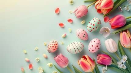 happy Easter concept with Easter eggs and tulips