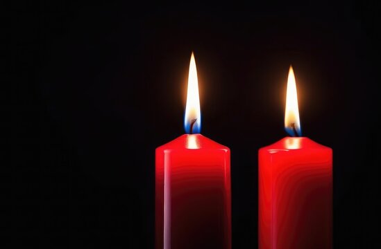Two red candles burns on a dark background. Memory, memorial, romance, prayer, religion. Copyspace, free space, place for text.