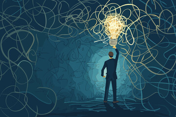 Innovative problem-solving, creative thinking to untangle complexity, business acumen and insight to illuminate solutions, businessman draws bright idea lightbulb from tangled knot of challenges. - obrazy, fototapety, plakaty