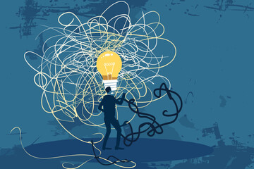 Innovative problem-solving, creative thinking to untangle complexity, business acumen and insight to illuminate solutions, businessman draws bright idea lightbulb from tangled knot of challenges.