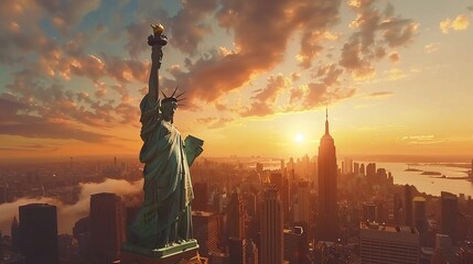 Liberty statue in New York city with manhatttan background and sunset, New York, USA