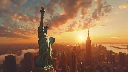 Fotobehang Liberty statue in New York city with manhatttan background and sunset, New York, USA © Emil
