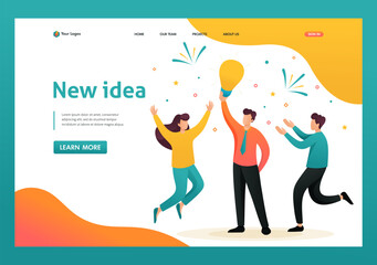 Young team Creates a new idea, teamwork. Brainstorm business ideas. Flat 2D character. Landing page concepts and web design